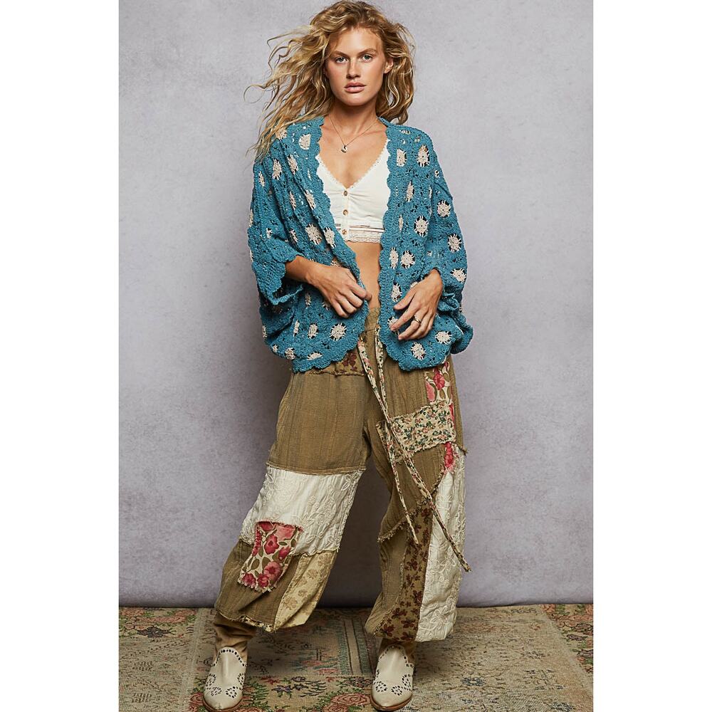 POL Relaxed Fit Batwing Chenille Crochet Cardigan - Teal Blue / Cream OS